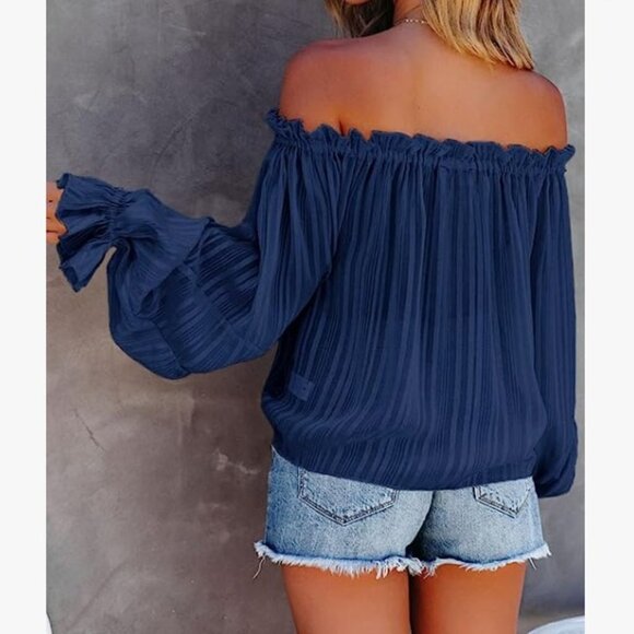 Striped Off Shoulder Spring Boho Tops Loose Fit Casual Long Sleeve Ruffle - Picture 4 of 8